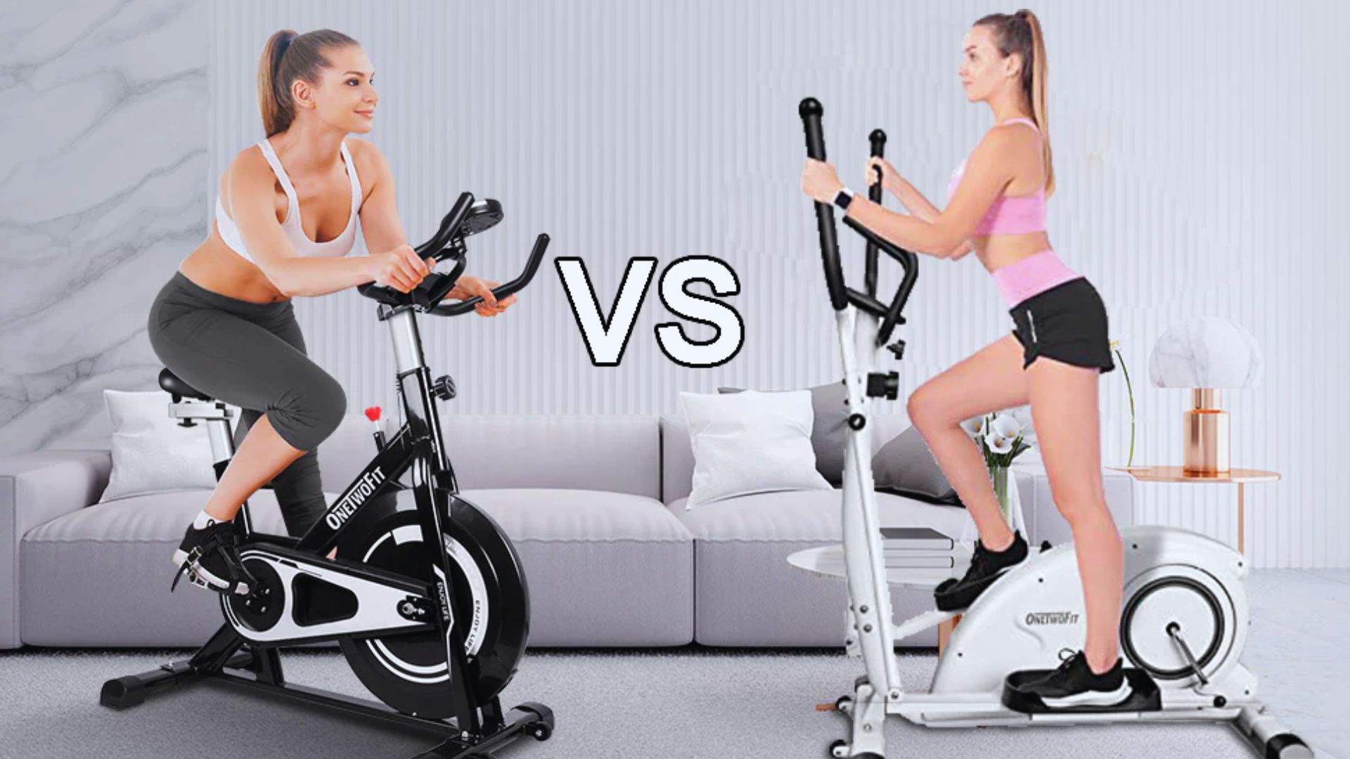 Two women exercise on stationary bikes and elliptical respectively in a living room, focusing on fitness and health in a home environment.