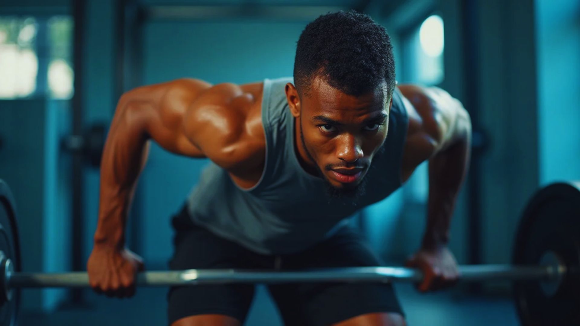 A man performs a barbell squat in a gym, demonstrating proper form for strength training exercises.