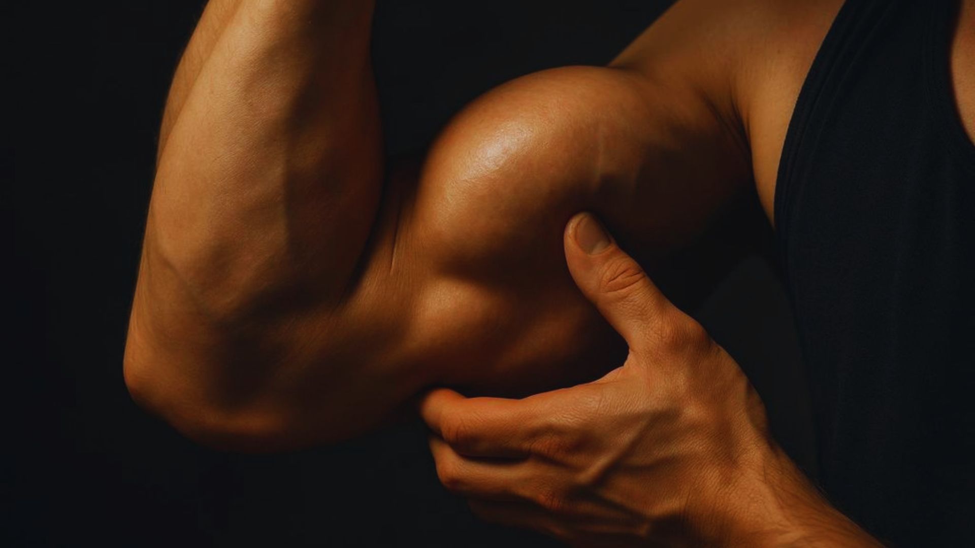 A man flexes his arm, showcasing his bicep, illustrating strength in a fitness context.