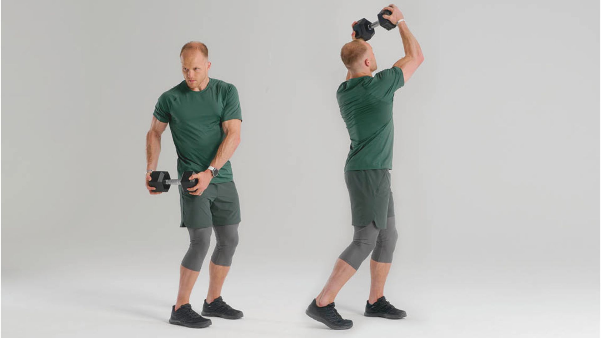 Two men performing a dumbbell exercise, one standing and the other kneeling, showcasing different workout positions.