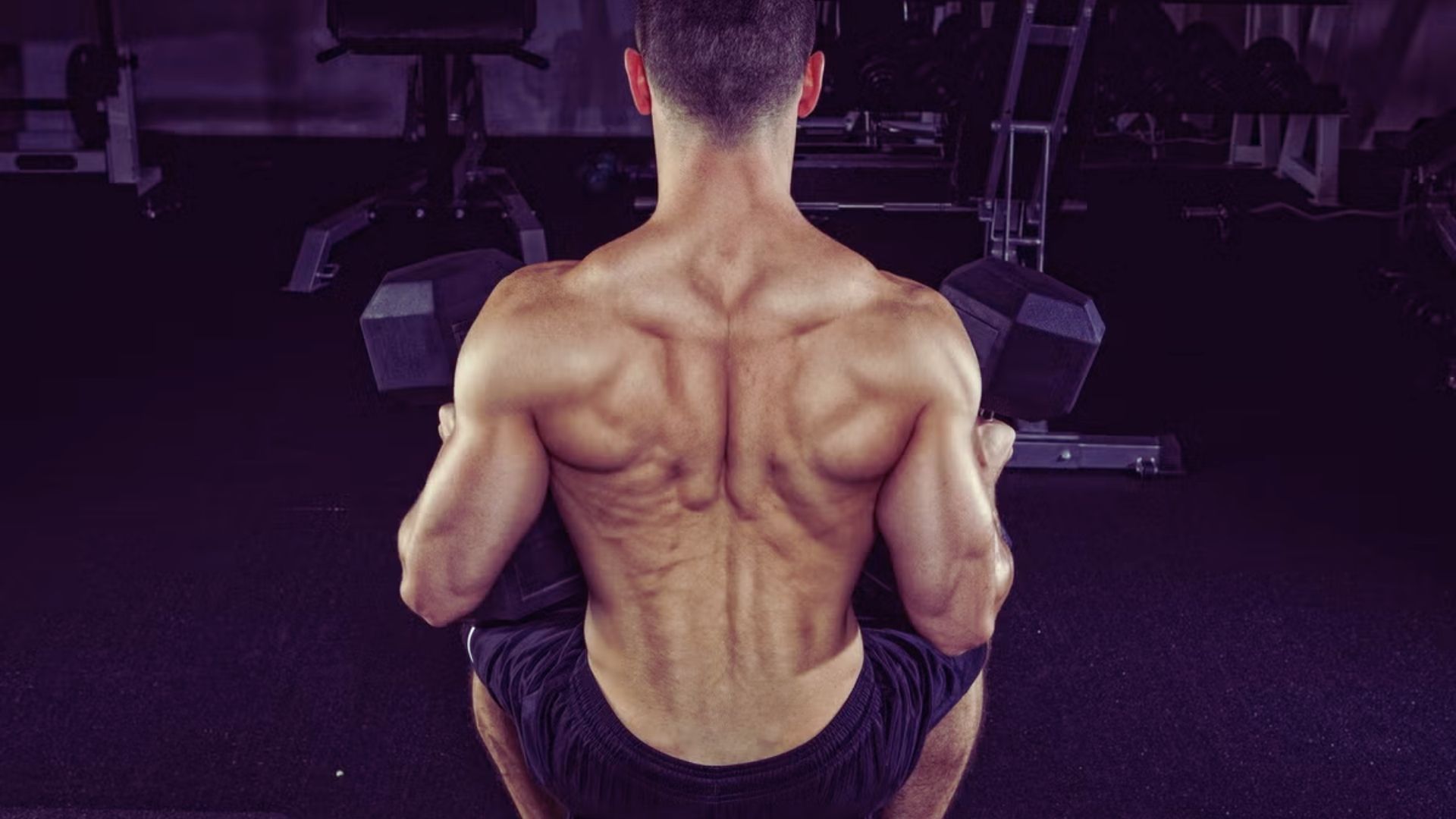 A man is squatting in a gym, emphasizing his strong back muscles while concentrating on his exercise.