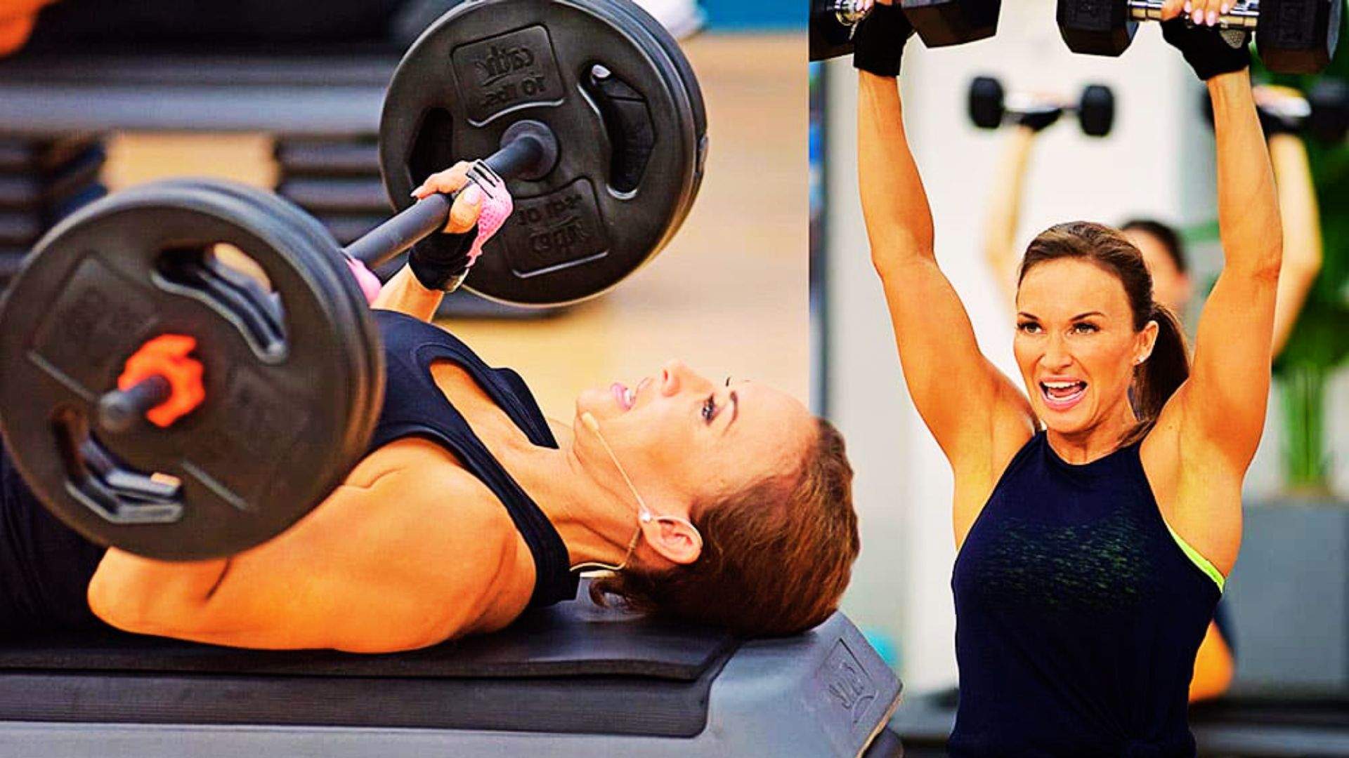 A woman performing a chest press and shoulder press with weights in a gym setting