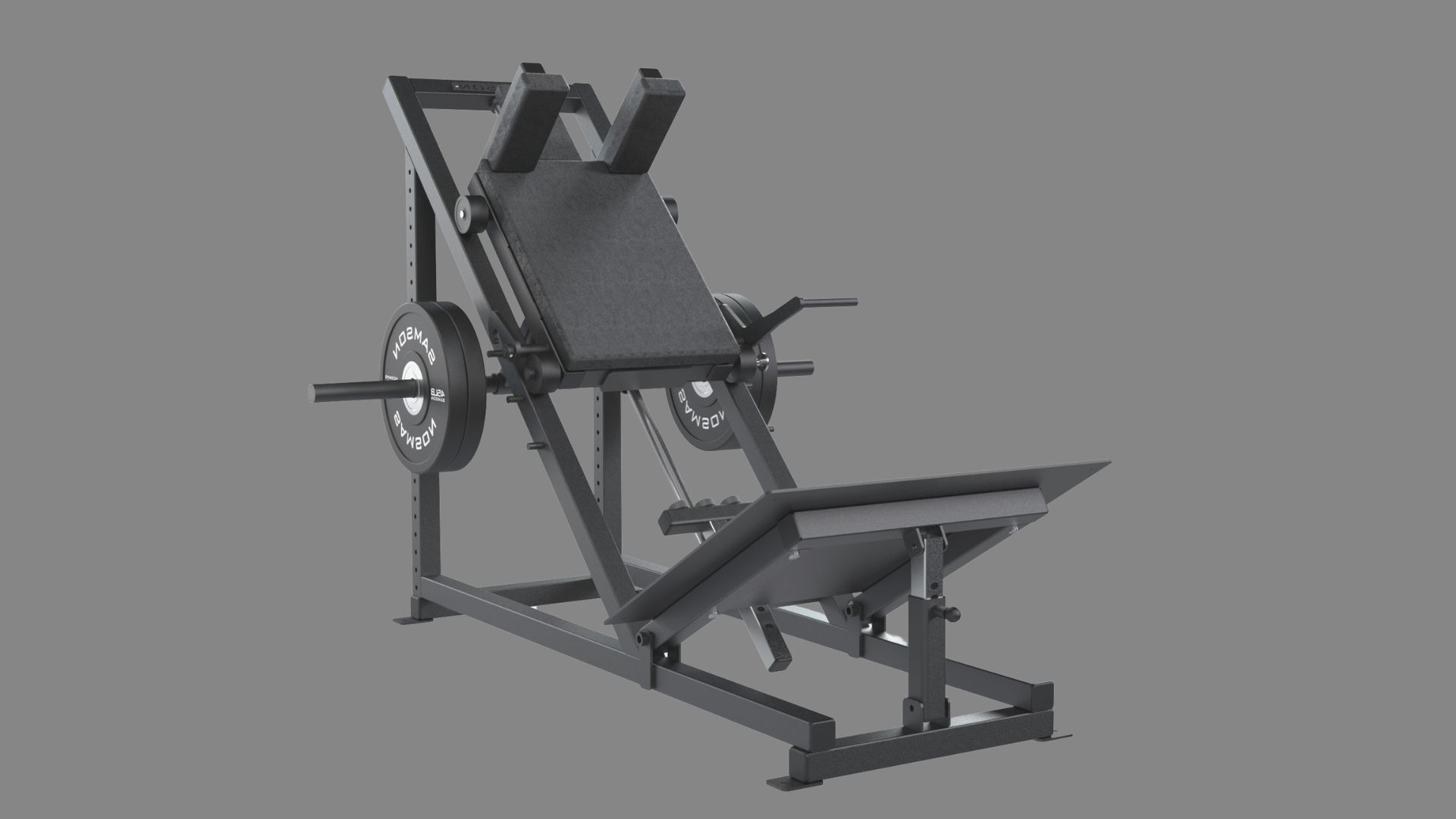 Plate loaded hack squat machine featuring a seat and a bar for lower body workouts.
