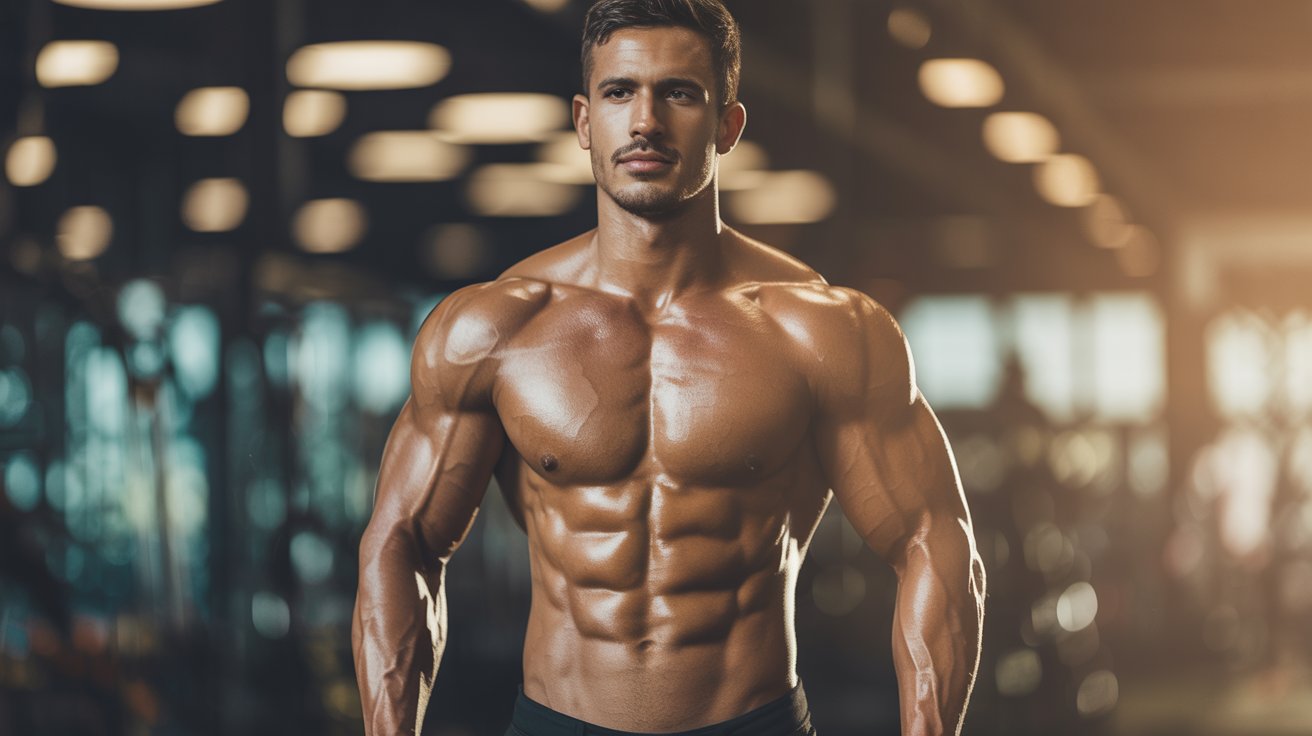 A muscular man stands confidently in a gym, showcasing his physique amidst gym equipment.