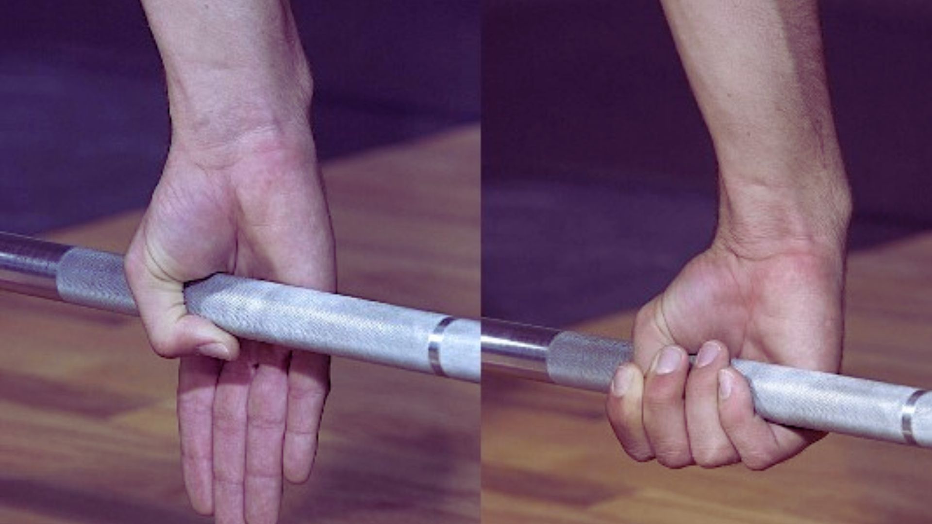 A person is depicted in two images, each holding a bar in one hand, highlighting their grip and posture.