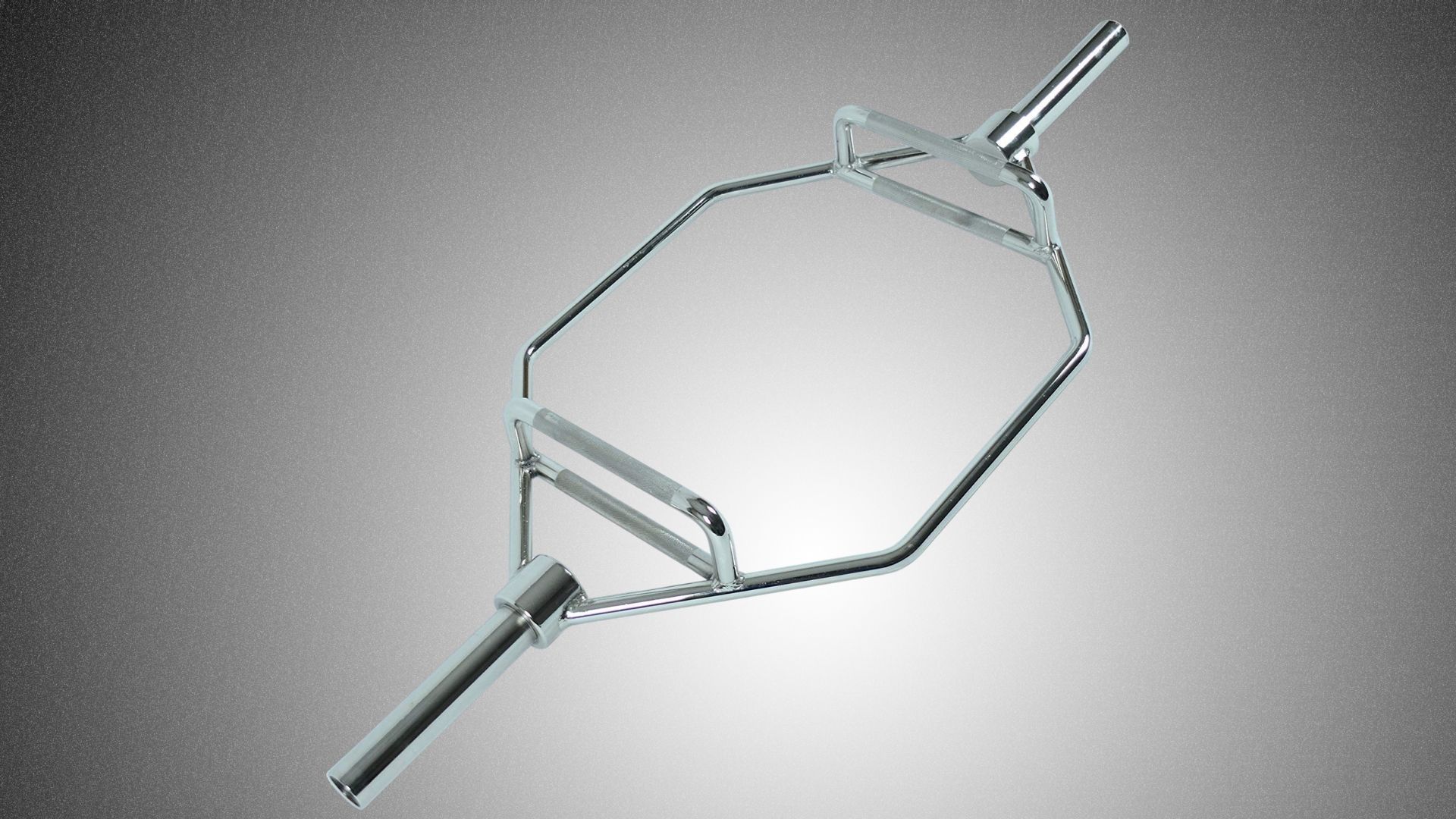 A metal hex bar with a central handle, commonly used for weightlifting and strength training exercises.