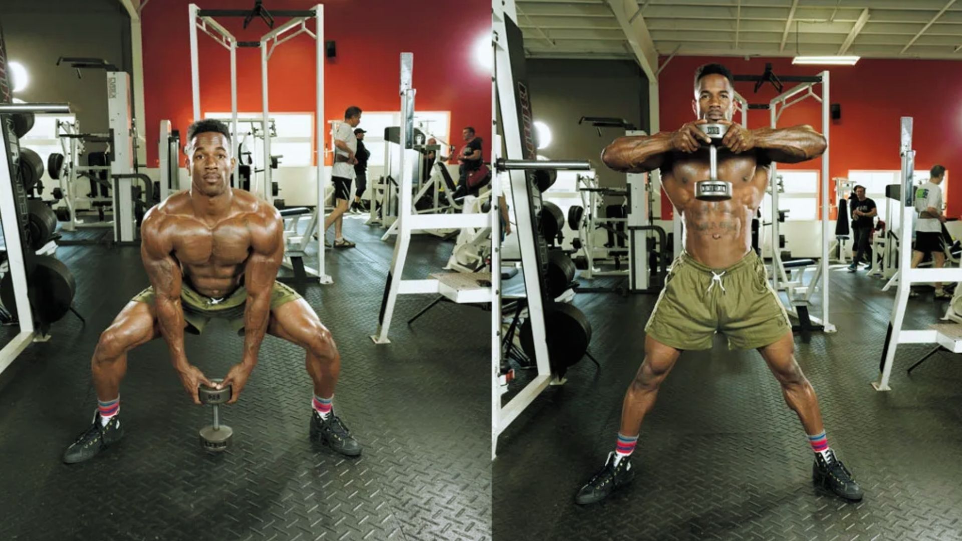1. Two images of a man performing squats in a gym, showcasing his form and technique during the exercise.