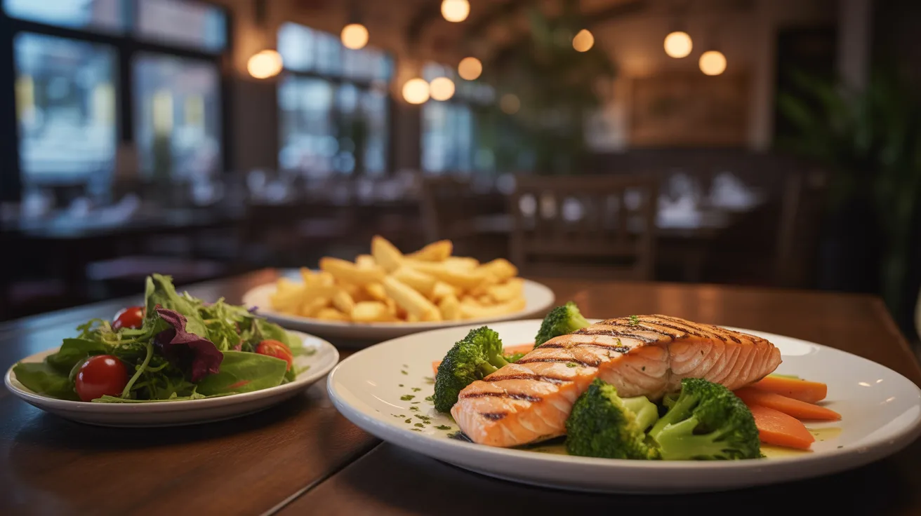 A plate of salmon and colorful vegetables arranged on a wooden table, showcasing a healthy meal.