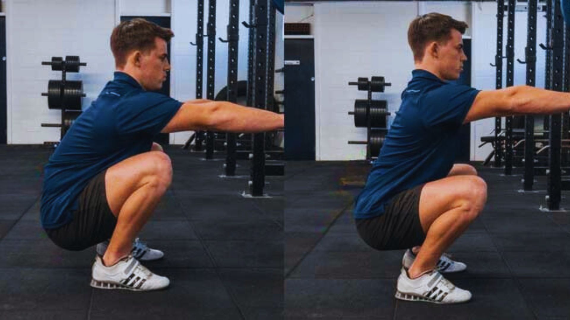 Two images of a man performing a goblet squat in a gym, showcasing proper form and technique.
