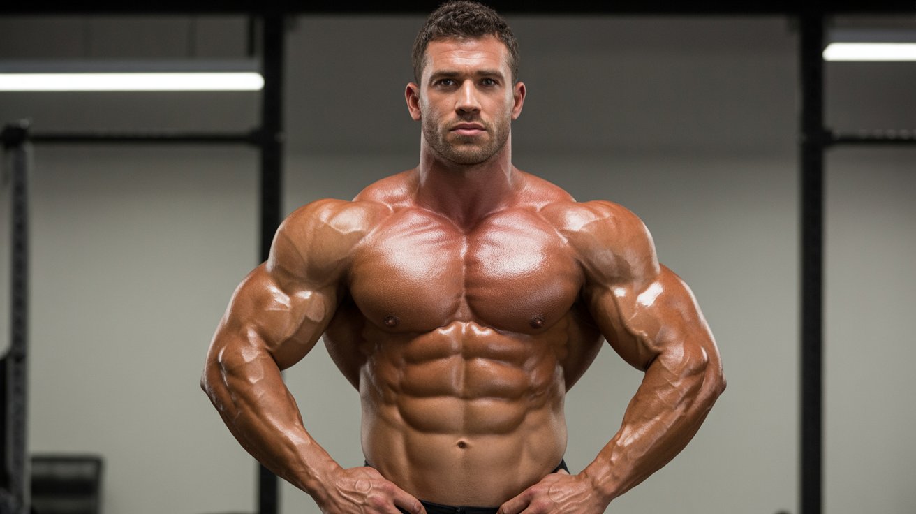 A muscular man stands confidently in a gym, showcasing his physique amidst workout equipment.