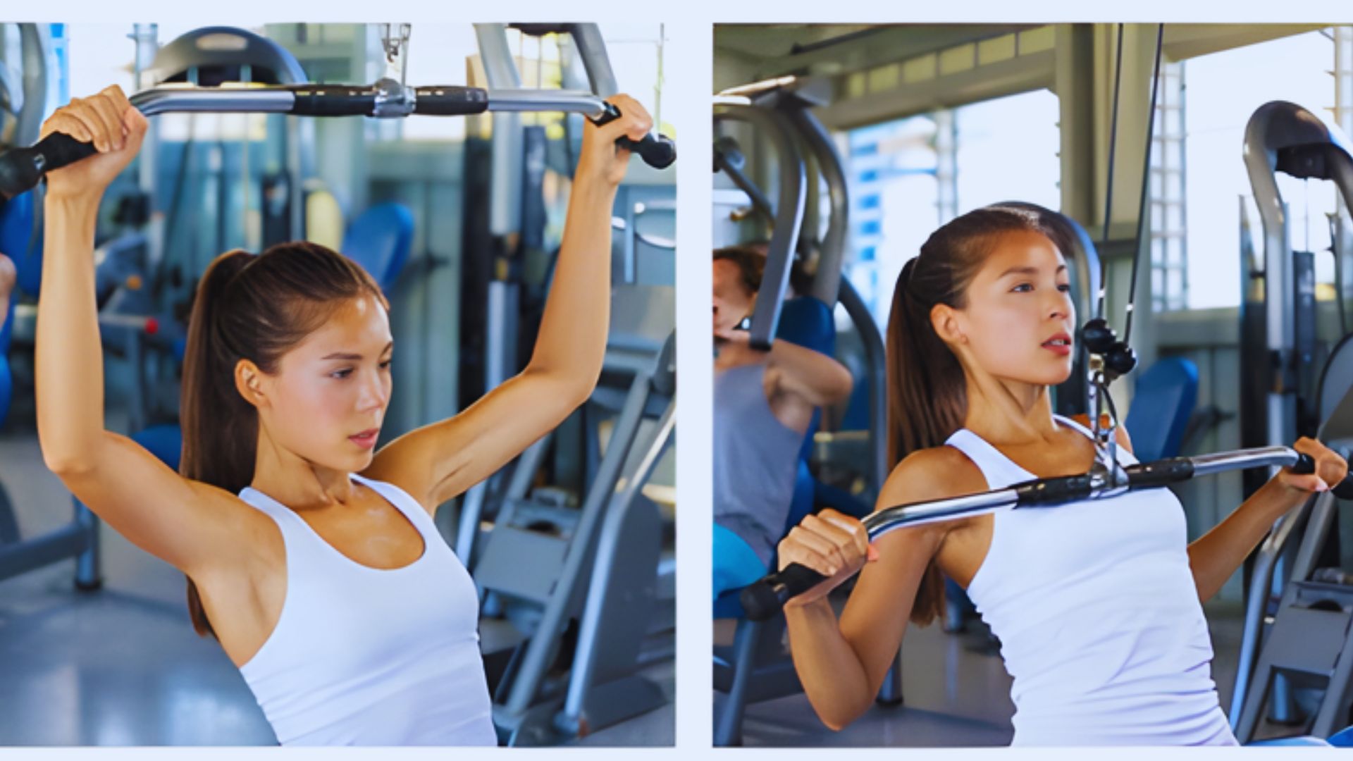 Two images of a woman performing pull-ups in a gym, showcasing her strength and determination during the workout.