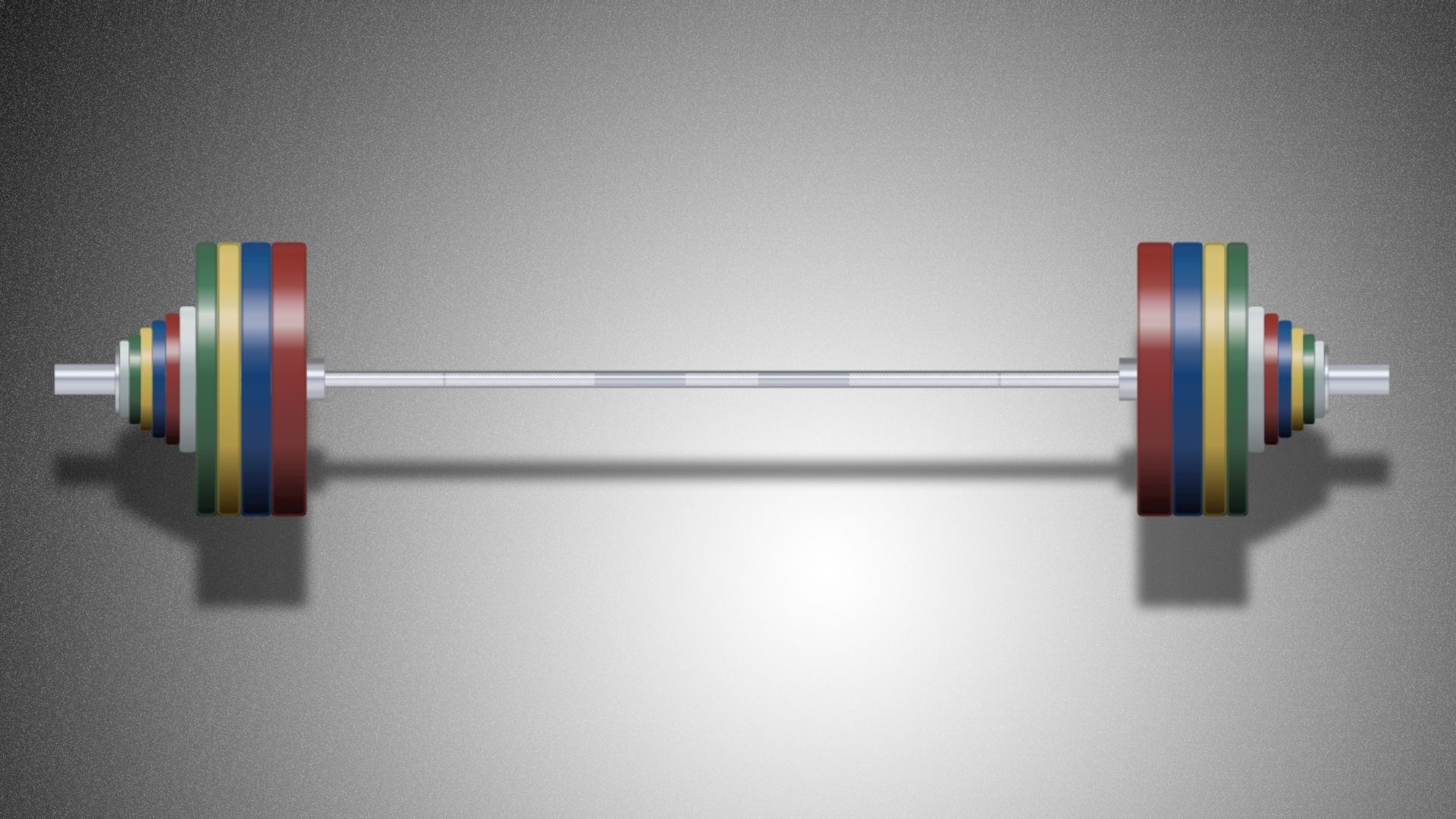 A barbell with colorful striped plates, used for weightlifting and fitness calculations.