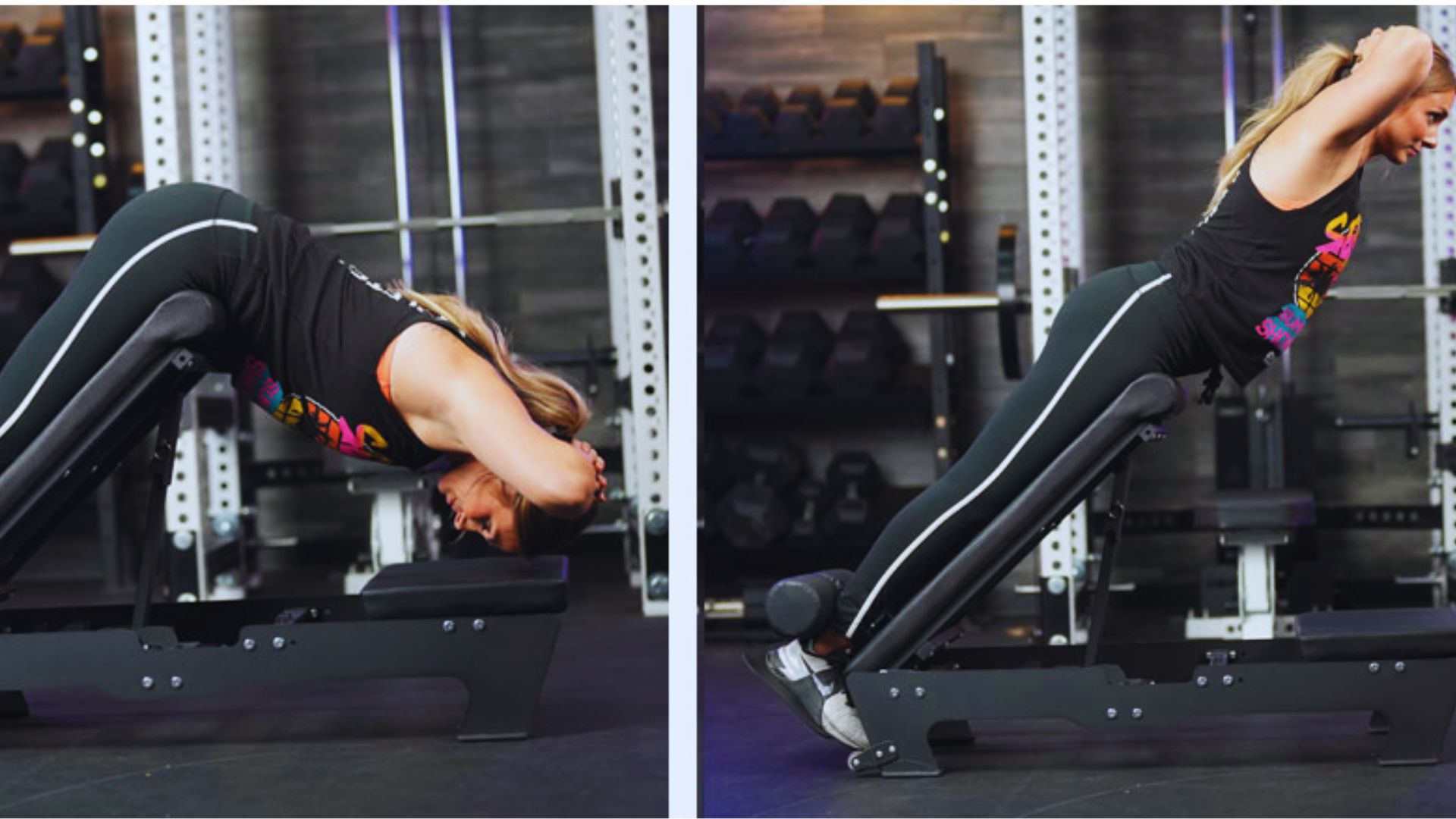 Two photos of a woman executing push-ups on a bench, highlighting her form and exercise routine.