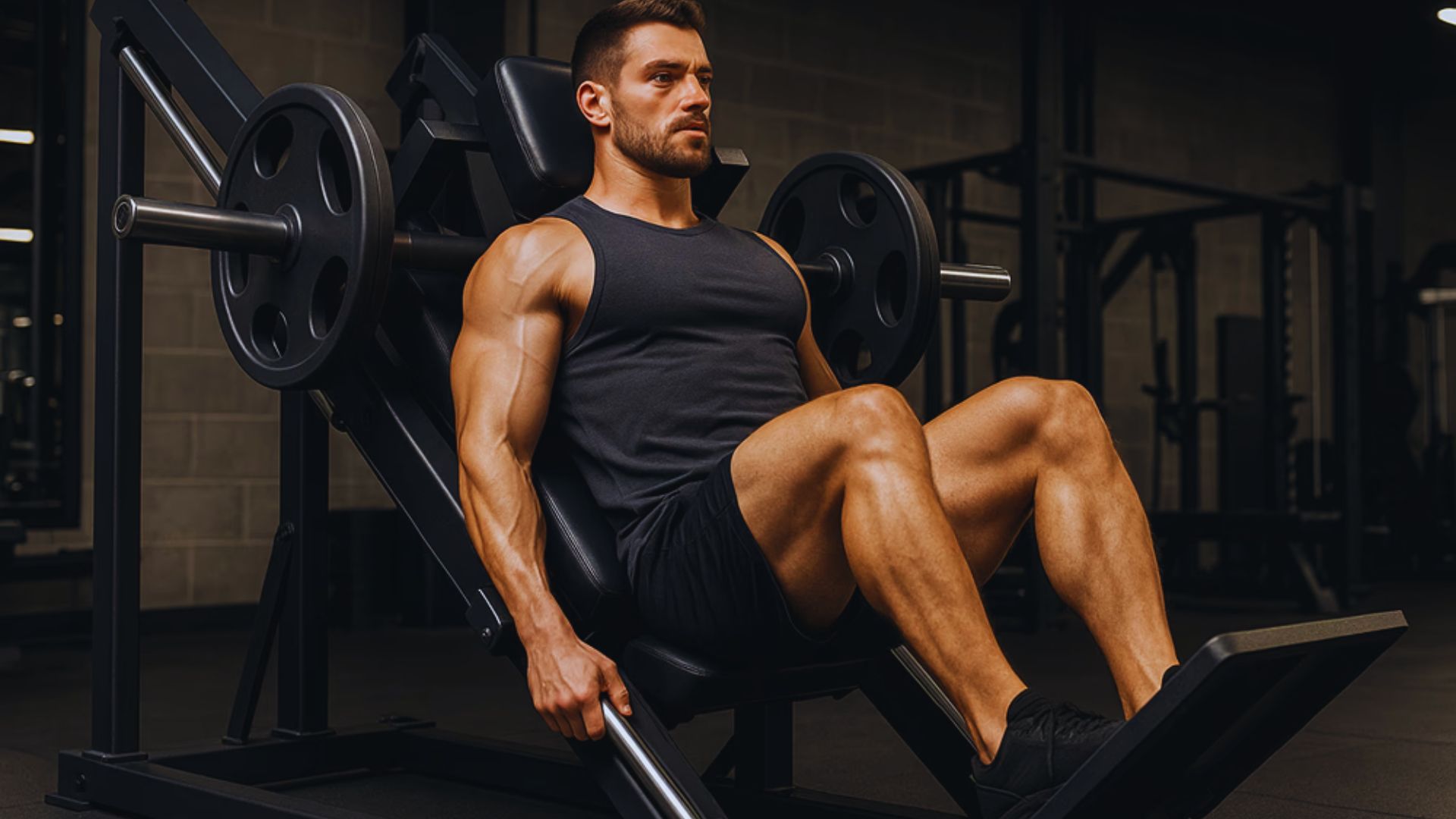 man rests on a gym bench, with weights and workout gear visible in the background.