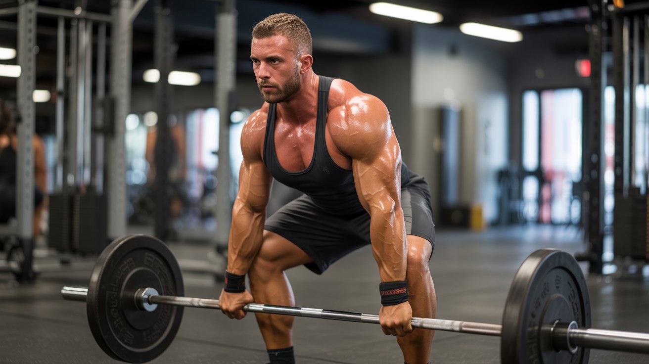A man is in a gym, squatting with a barbell as he executes a deadlift, demonstrating strength and concentration.