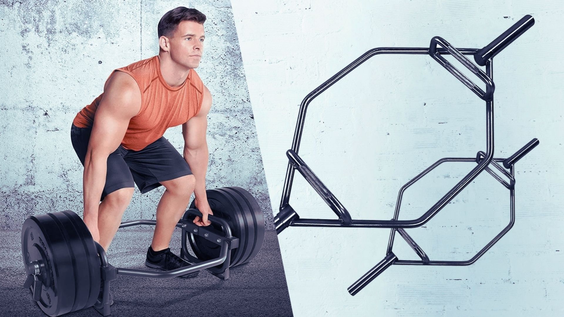 A man lifts a hexagonal barbell, demonstrating proper form for weight training and strength exercises.
