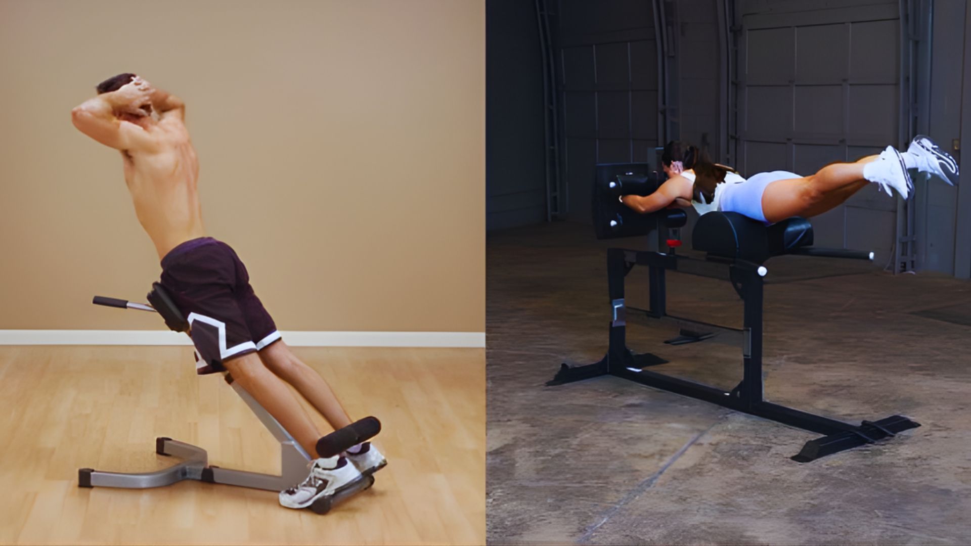 Two images: one man and one woman doing hyperextension exercise in different ways to strengthen backs and glutes muscles