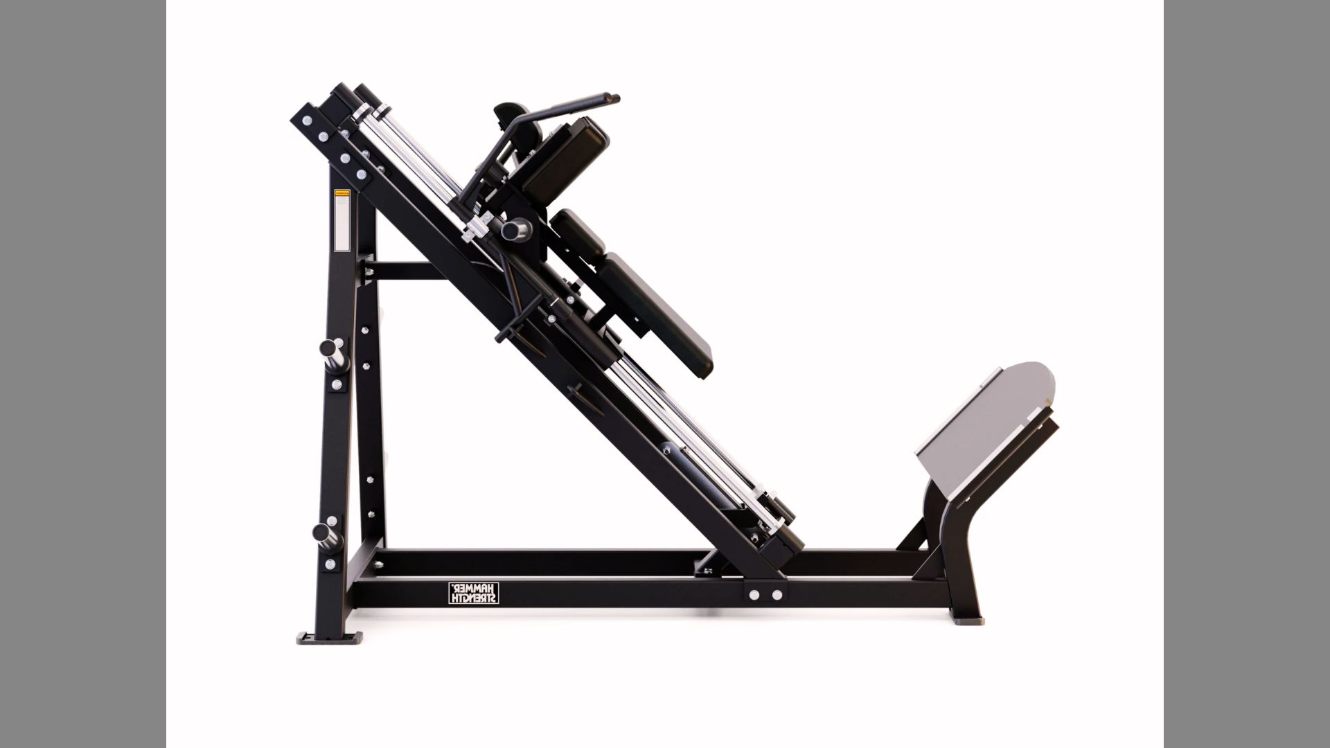Plate-loaded hack squat machine displayed on a white background, showcasing its design and structure for strength training.