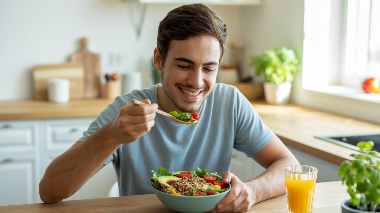 A man enjoys a protein-rich salad while seated at his kitchen table, surrounded by kitchen appliances and decor.