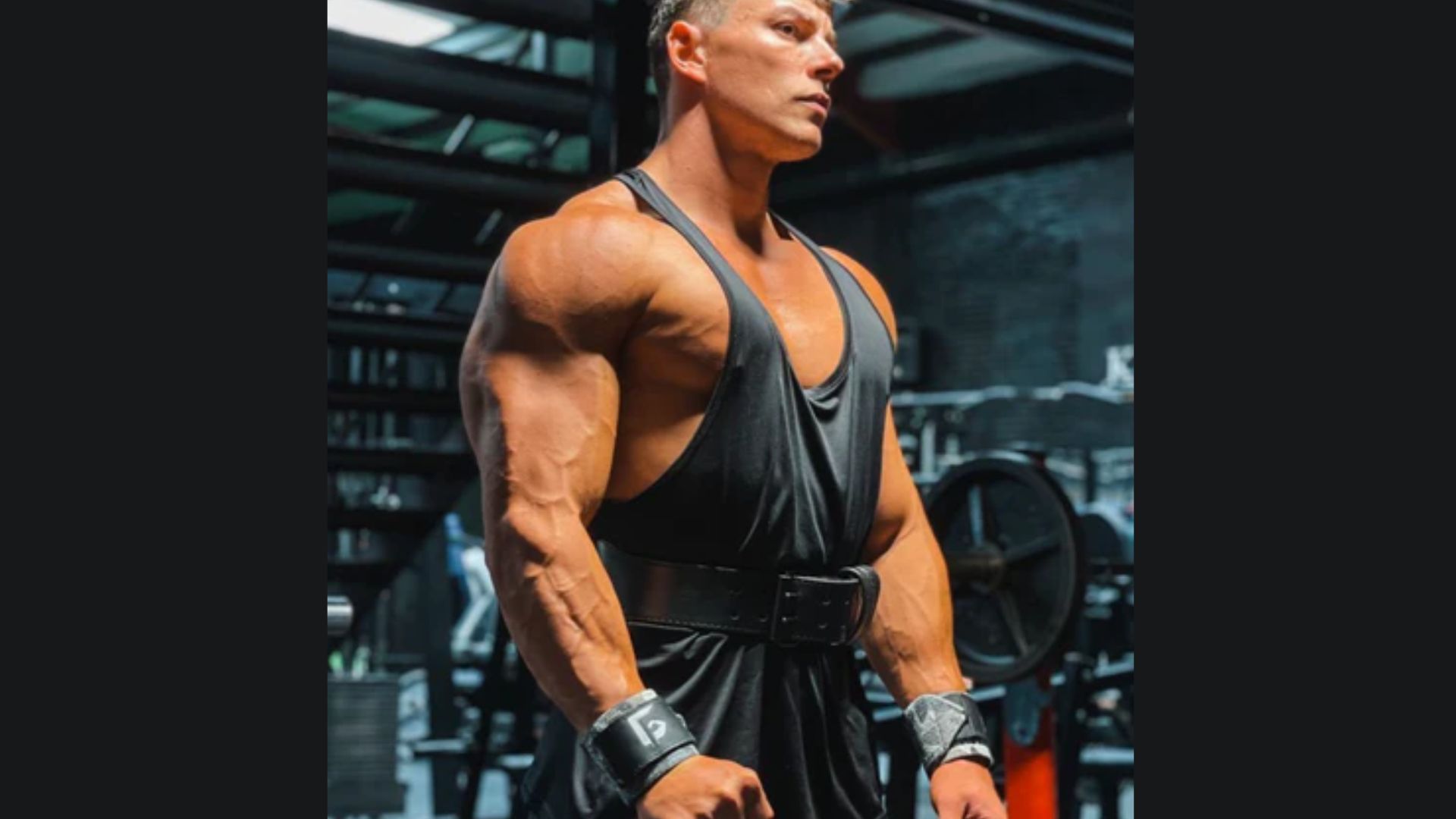 A man wearing a black tank top and black shorts stands, representing fitness and gym culture.