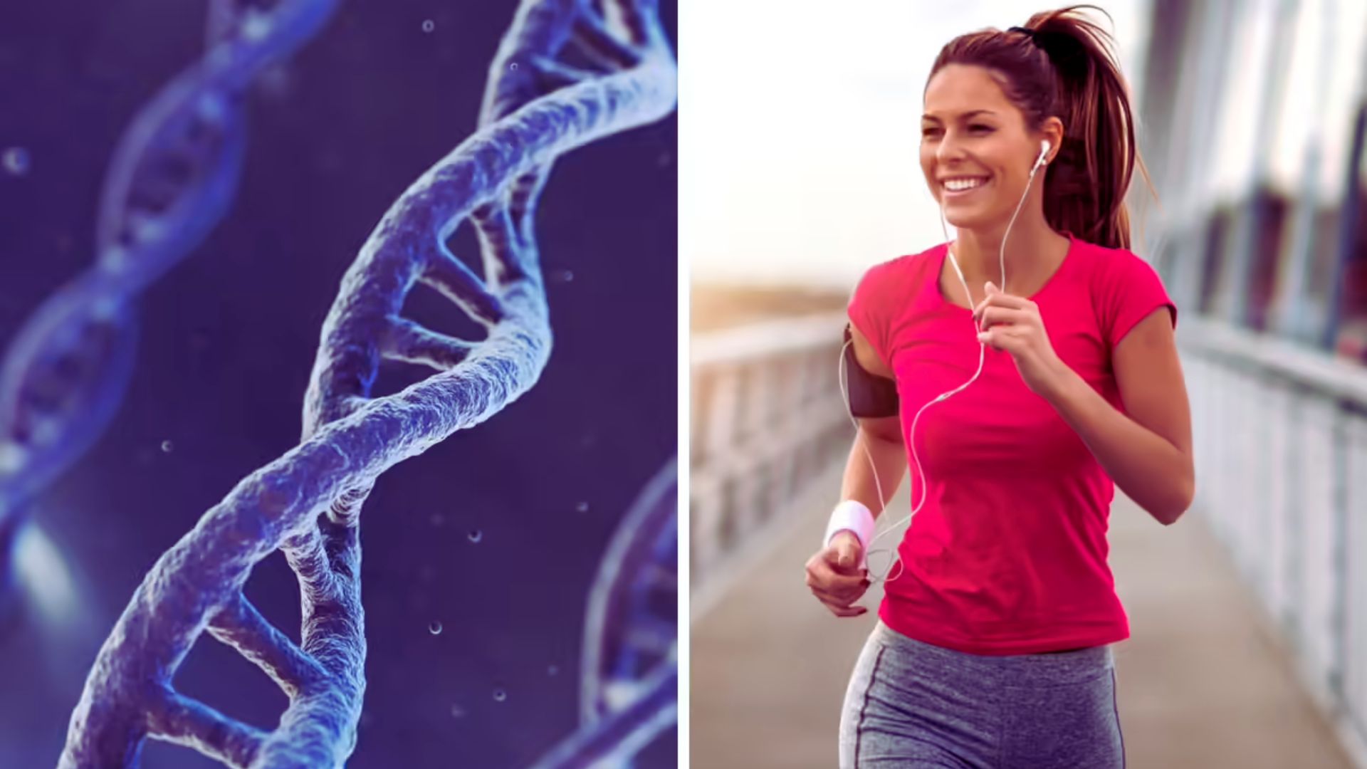 A woman running alongside a colorful DNA strand, symbolizing the connection between fitness and genetics.