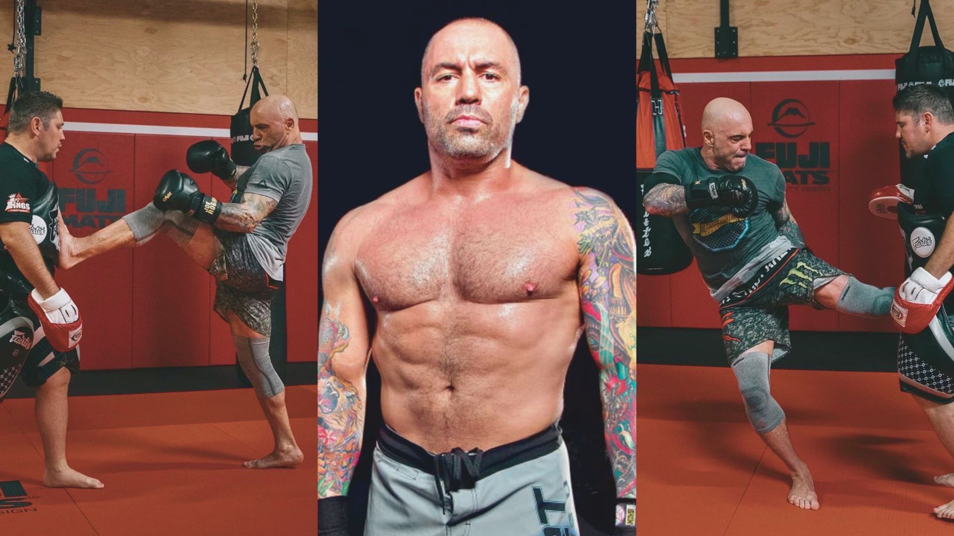 Three images of Joe Rogan Kettlebell exercising in a gym, showcasing different workouts and equipment usage.