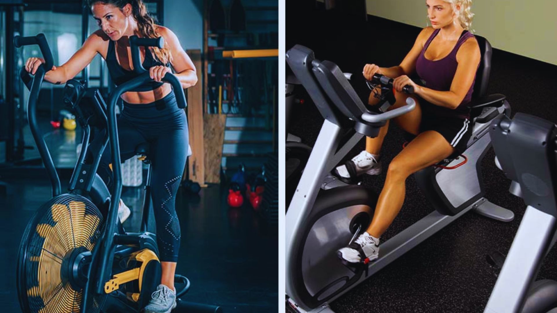 Two images of women exercising on stationary bikes in a fitness studio, focused on their workouts.
