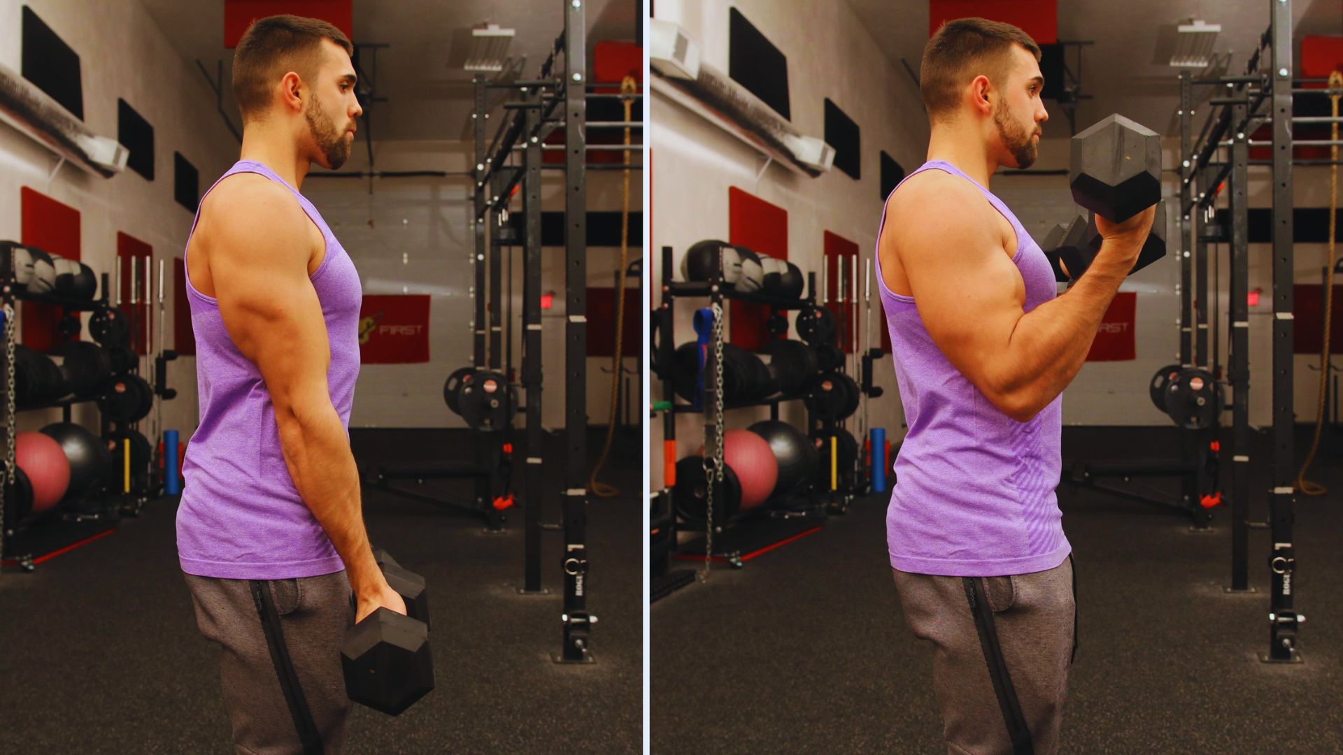 Two images of a man lifting weights in a gym, showcasing different angles of his workout routine.