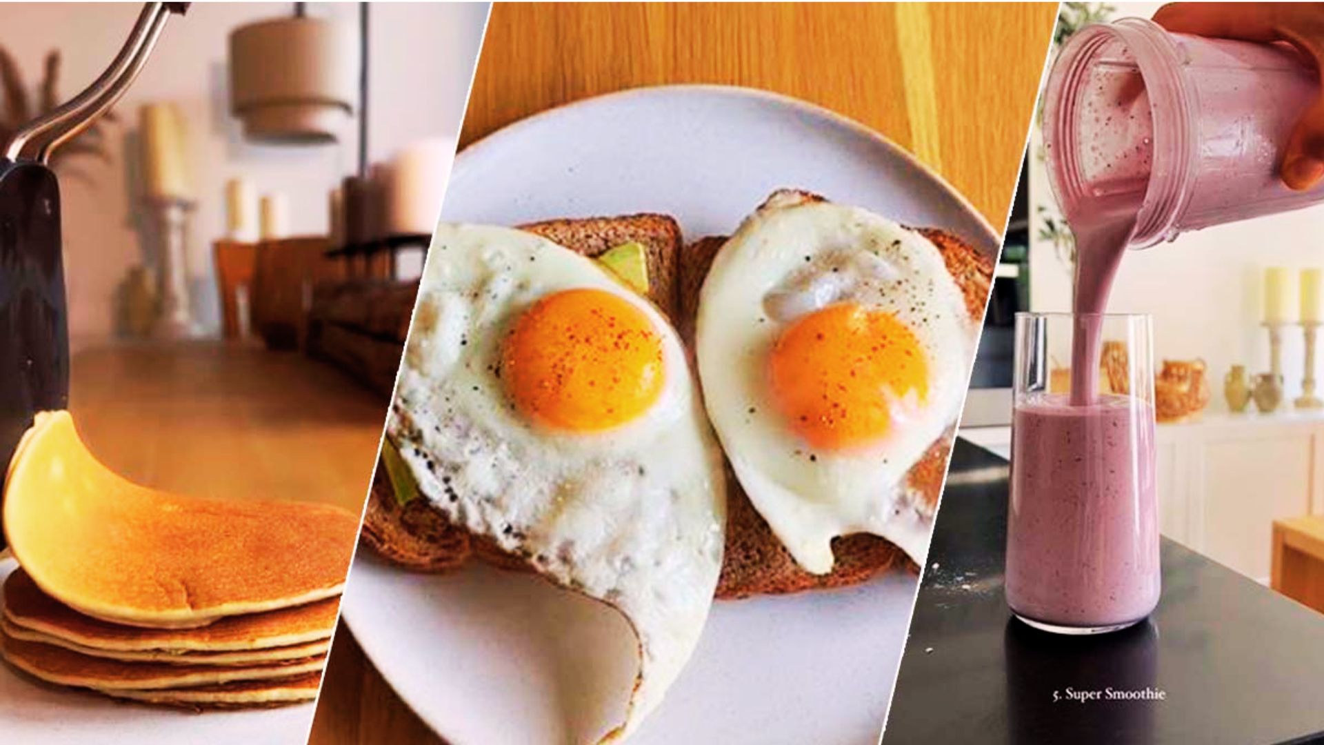 A collage featuring delicious pancakes, eggs, and colorful smoothies arranged artistically.