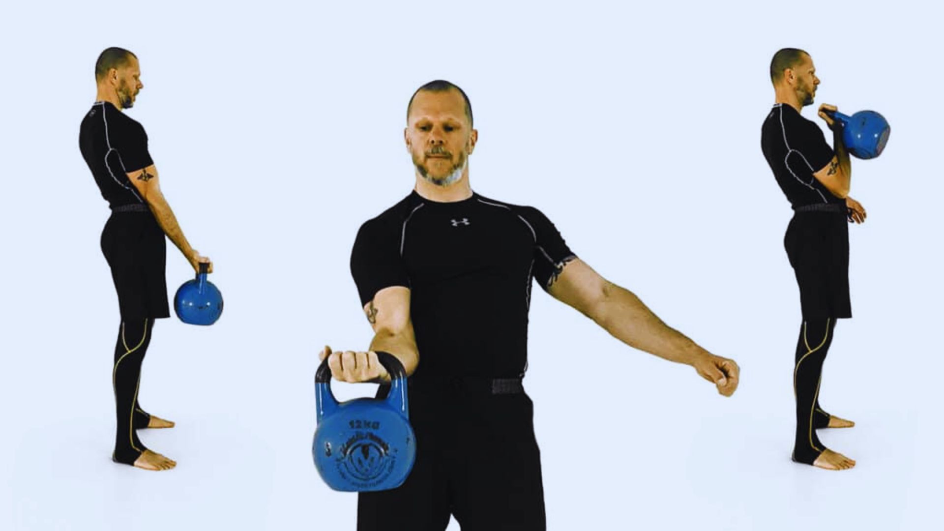 3. A man is lifting a kettlebell in each hand, emphasizing his workout focus and physical fitness.