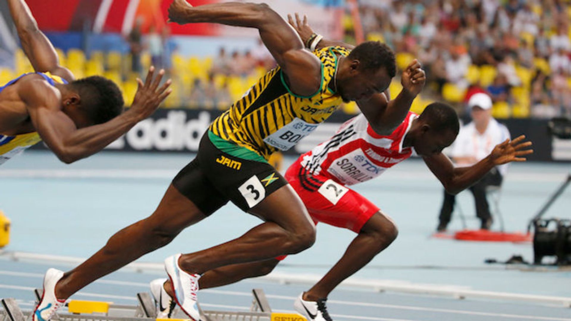 Usain Bolt in full stride during the men's 100m final at the IAAF World Championships, Doha, Qatar, July 30, 2011.