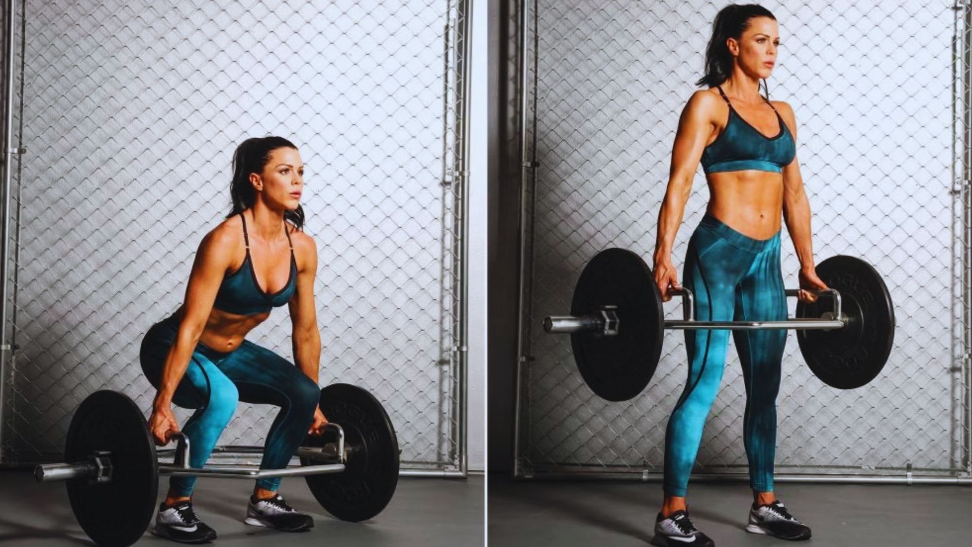 Two images of a woman performing a trap bar squat while lifting a barbell in a gym setting.