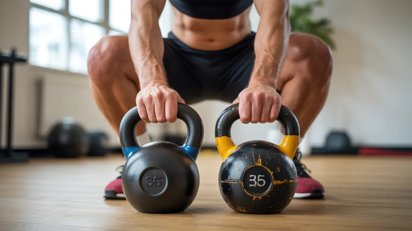 A woman squats while holding a kettlebell in each hand, demonstrating strength and fitness in a gym setting.