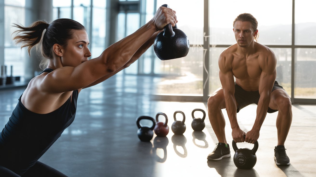 A man and woman performing kettlebell exercises in a gym setting, focusing on strength and fitness training.