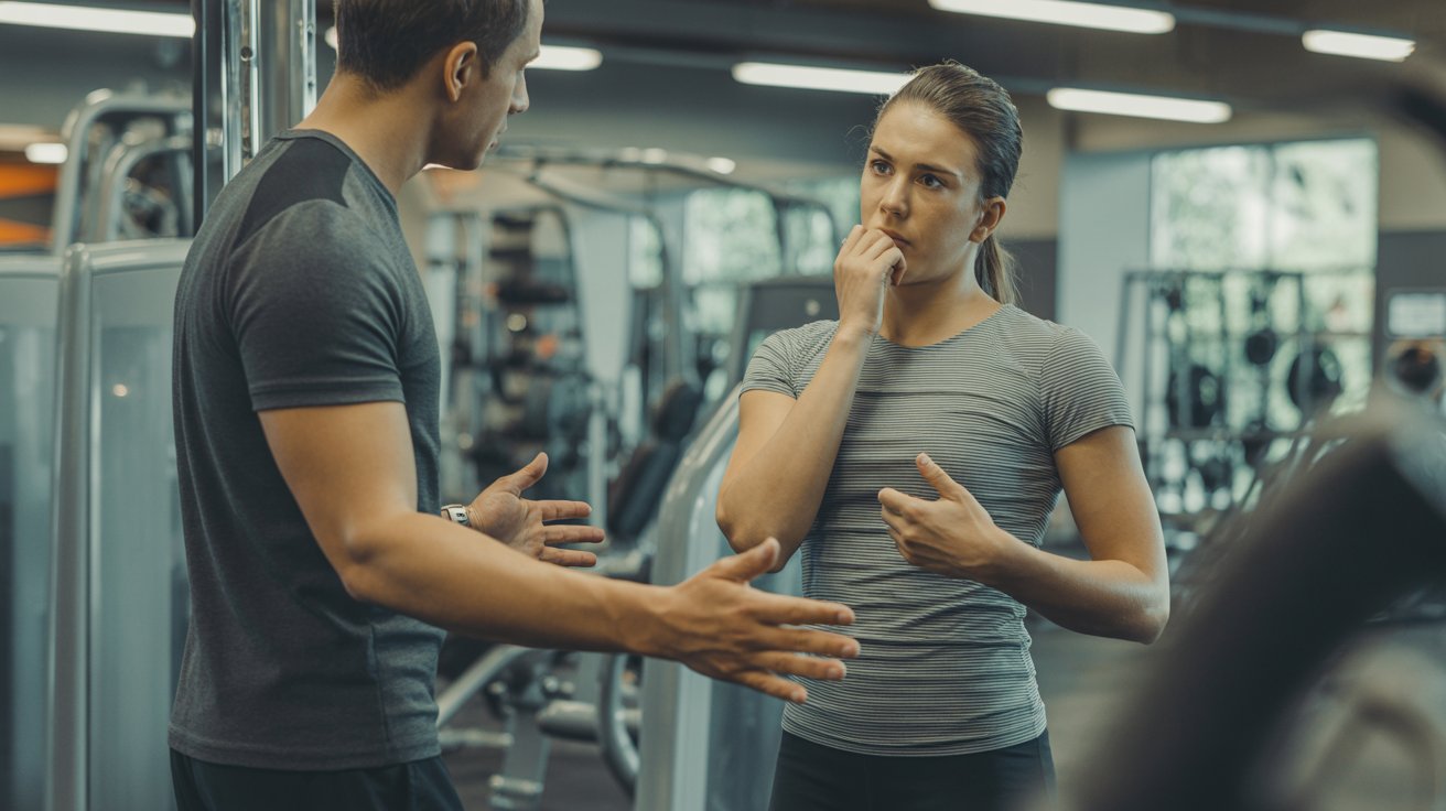A man and woman engaged in conversation while standing in a gym, surrounded by exercise equipment.