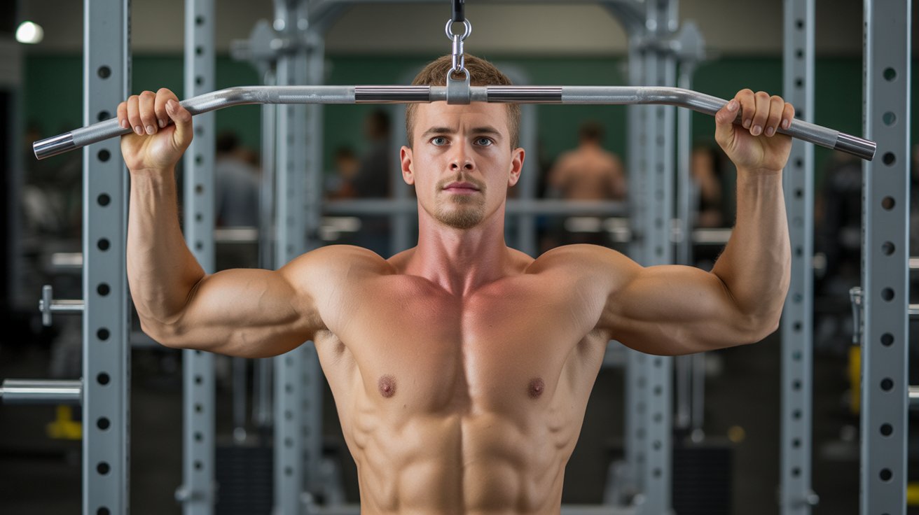 A man performs a pull-up on a bar, showcasing strength and fitness in a gym setting.