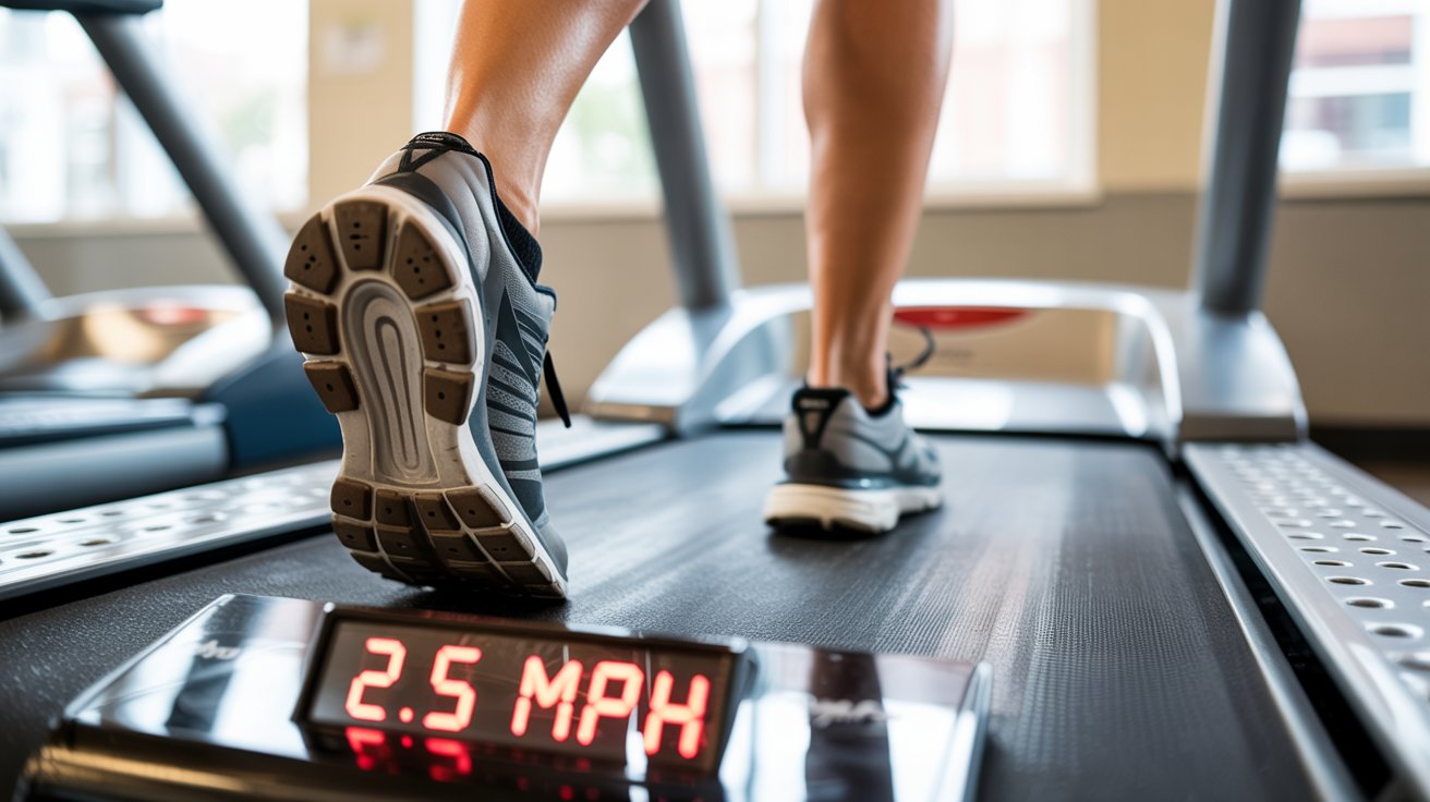 A person is jogging on a treadmill in a gym setting, focused on their workout.