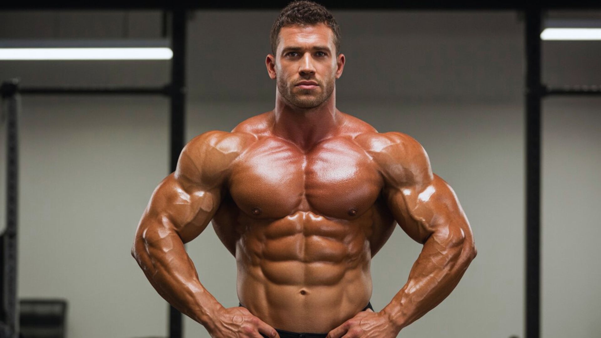 A muscular man stands confidently in a gym, showcasing well-defined abs and biceps. The lighting highlights his physique, conveying strength and determination.