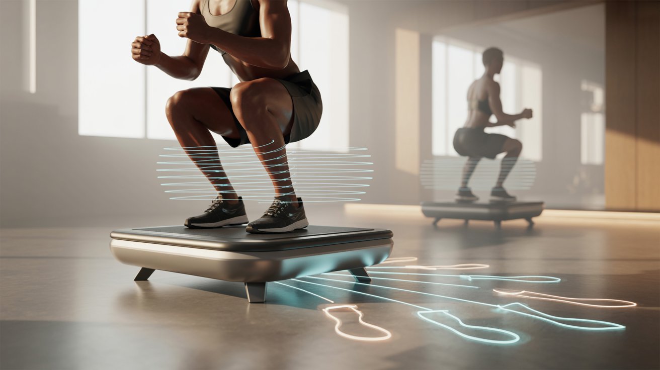 A person squats on a futuristic exercise platform, with digital footprints and dynamic lines illustrating motion. The room is softly lit, suggesting focus and energy.