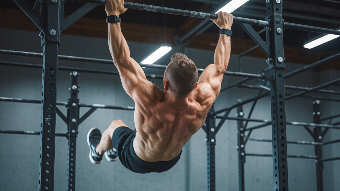 A man engaged in pull-ups on a gym bar, demonstrating physical fitness and strength training.