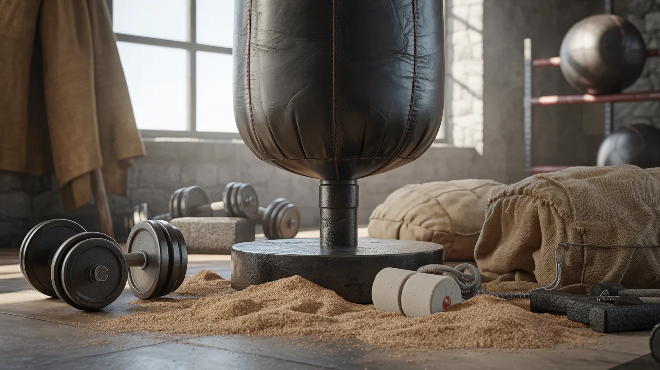 A boxing bag and a set of weights are placed on the floor, ready for a workout session.