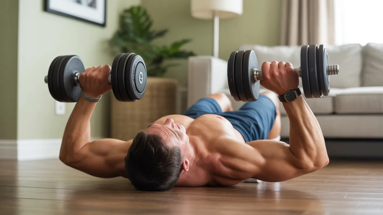 A man performs a push-up while gripping dumbbells, showcasing strength and fitness in a home workout setting.