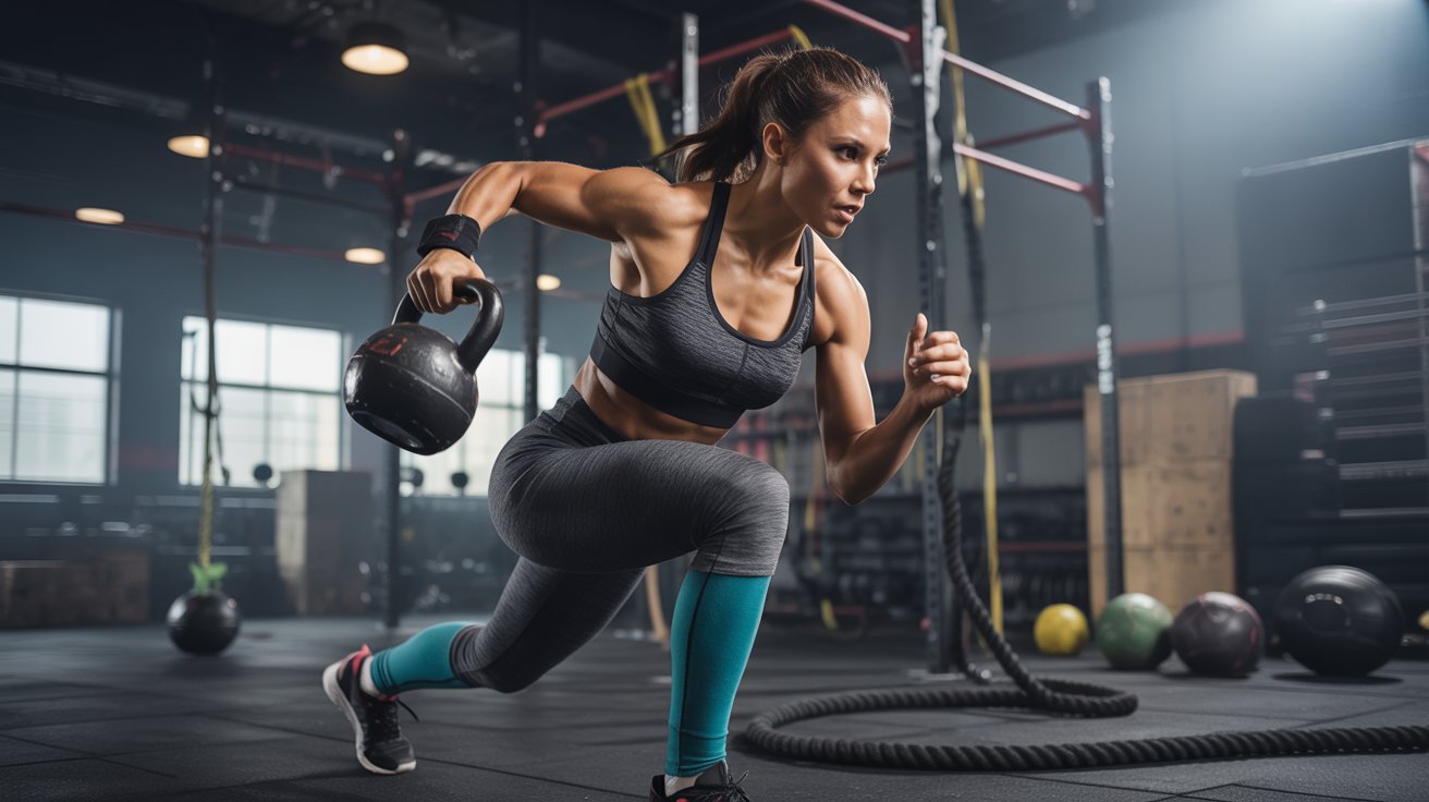 In a gym, a woman performs a squat while gripping a kettlebell, showcasing her workout routine.