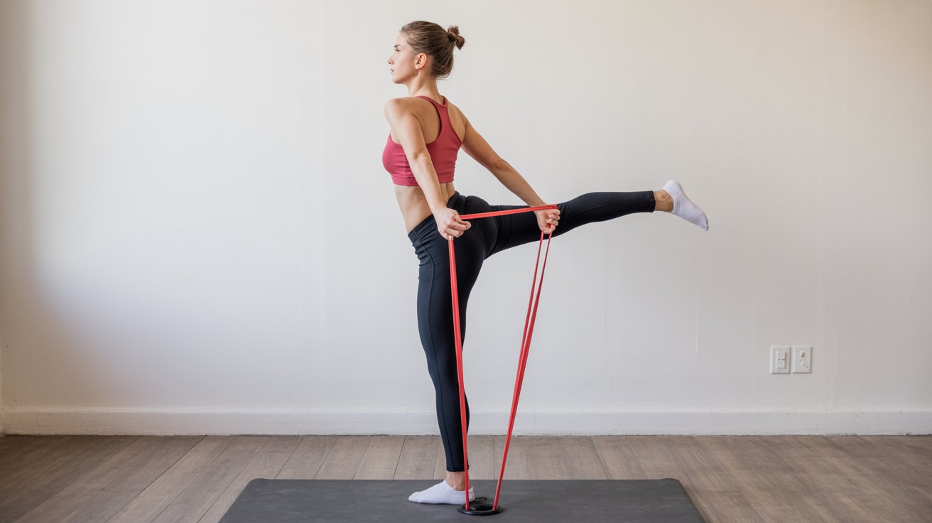 A woman performs a yoga pose while using a resistance band for support and balance.