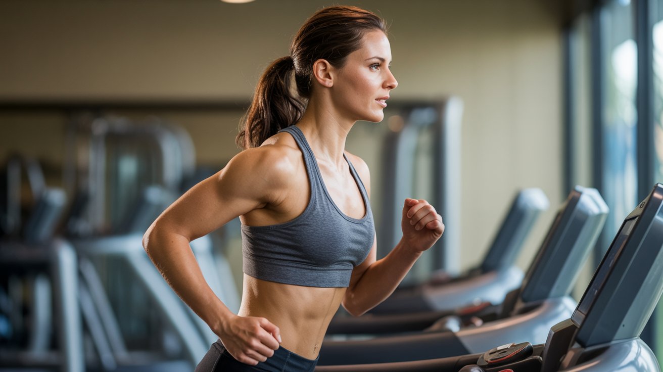 A woman is jogging on a treadmill in a gym, surrounded by exercise machines and bright overhead lights.