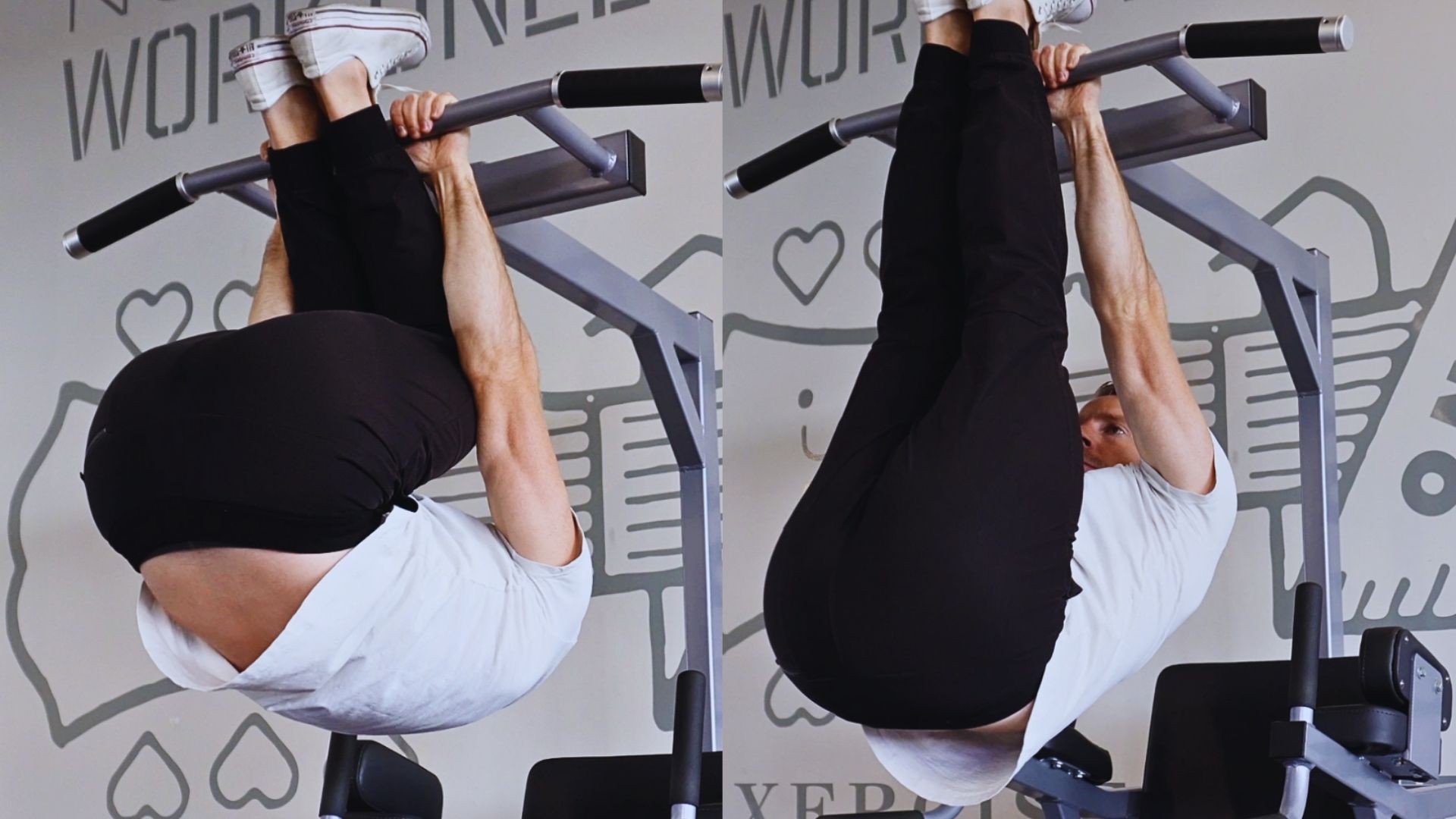 Two images of a woman performing pull-ups on a bar, showcasing her strength and fitness technique.