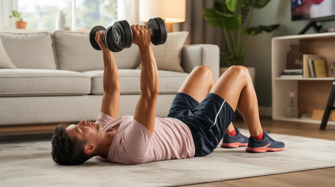 A man performs dumbbell exercises in his living room, focusing on strength training and fitness.