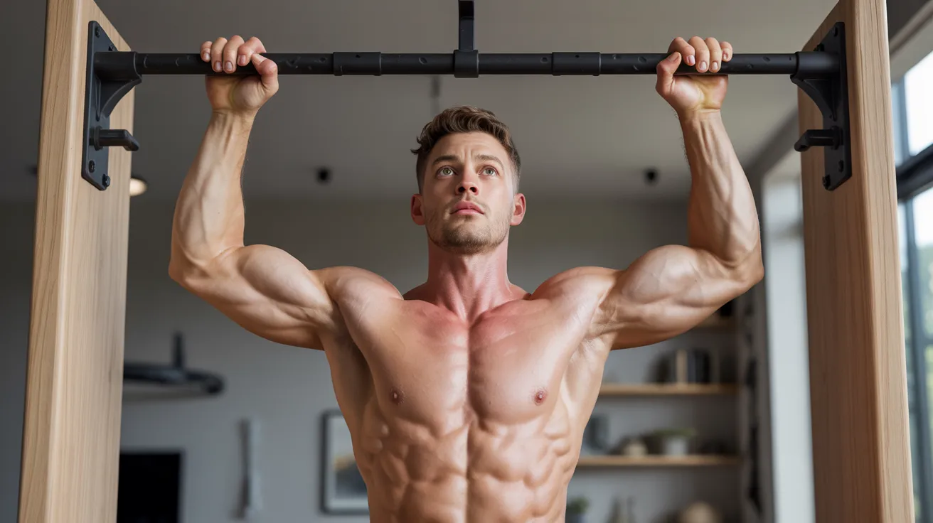 A man performs pull-ups on a horizontal bar, showcasing strength and fitness in a gym setting.
