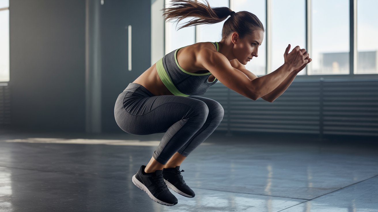 A woman performing a jump squat in an indoor gym, showcasing her athleticism and focus on fitness.
