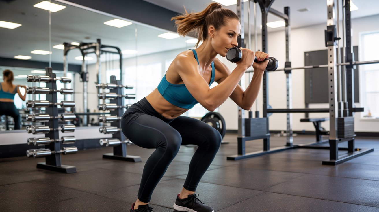 A woman squats in a gym, focusing on her form while exercising with weights.